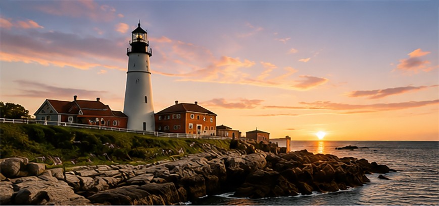 New England coastal lighthouse at sunset