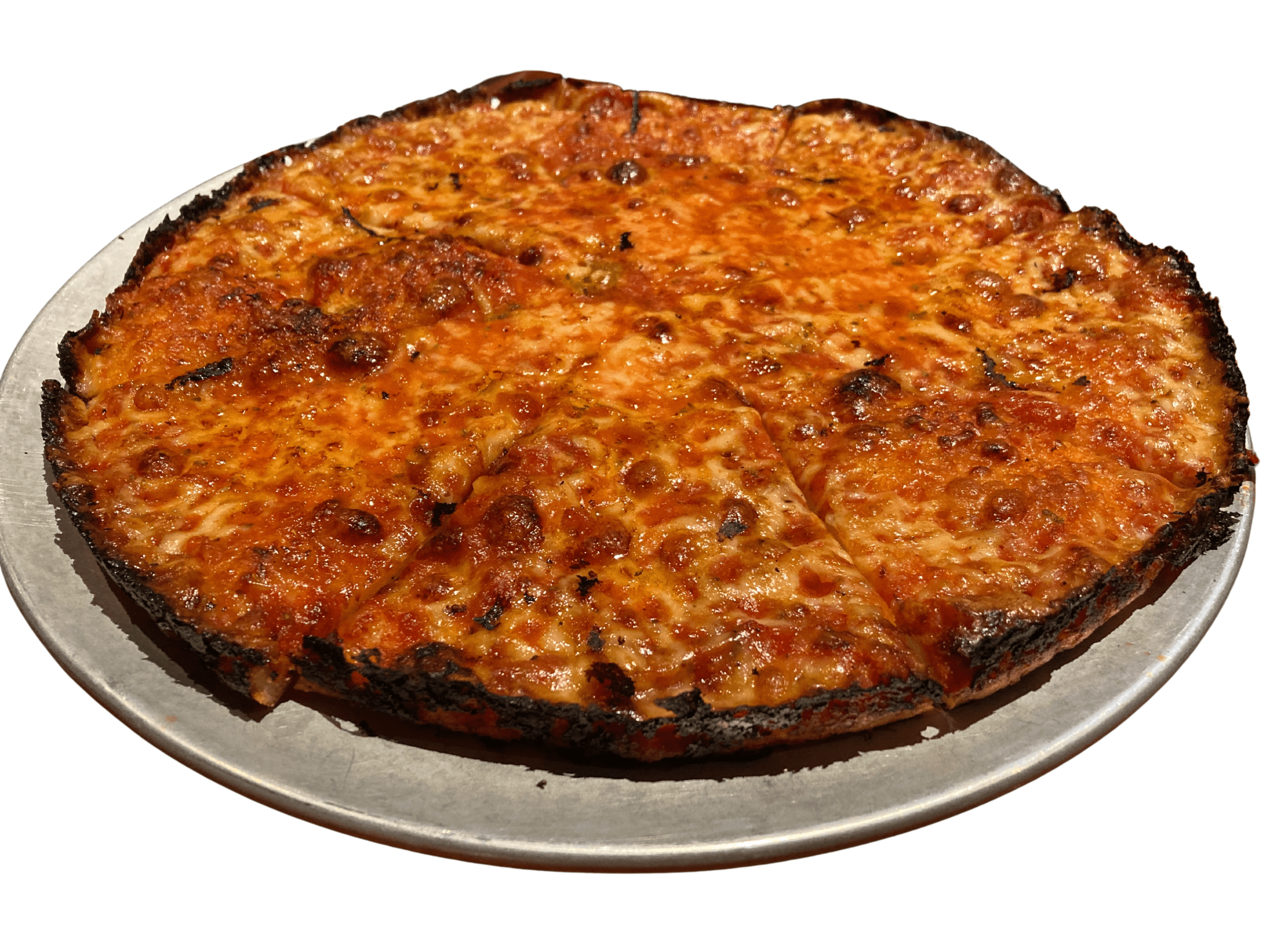 Small round bar pizza with edge-to-edge cheese