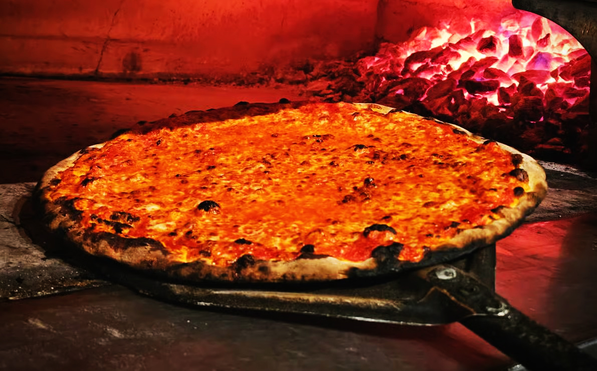 Coal-fired pizza blistered in the oven
